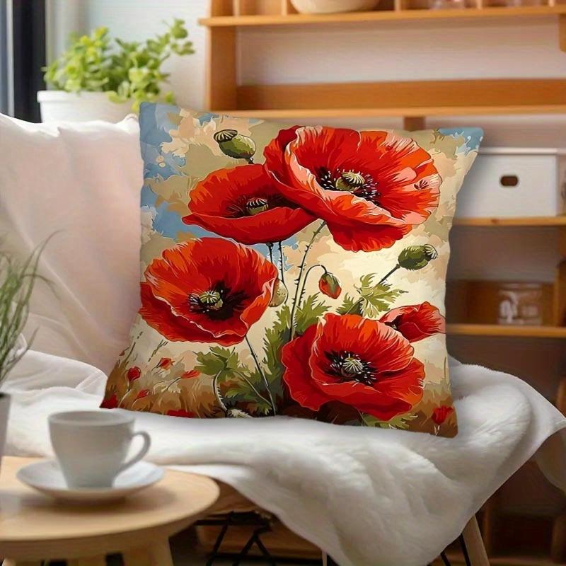 Monika Chen Unisex Vikama Vintage Poppy Pillow Cover Watercolor Floral Print Soft Cushion Case For Home Living Room Decor