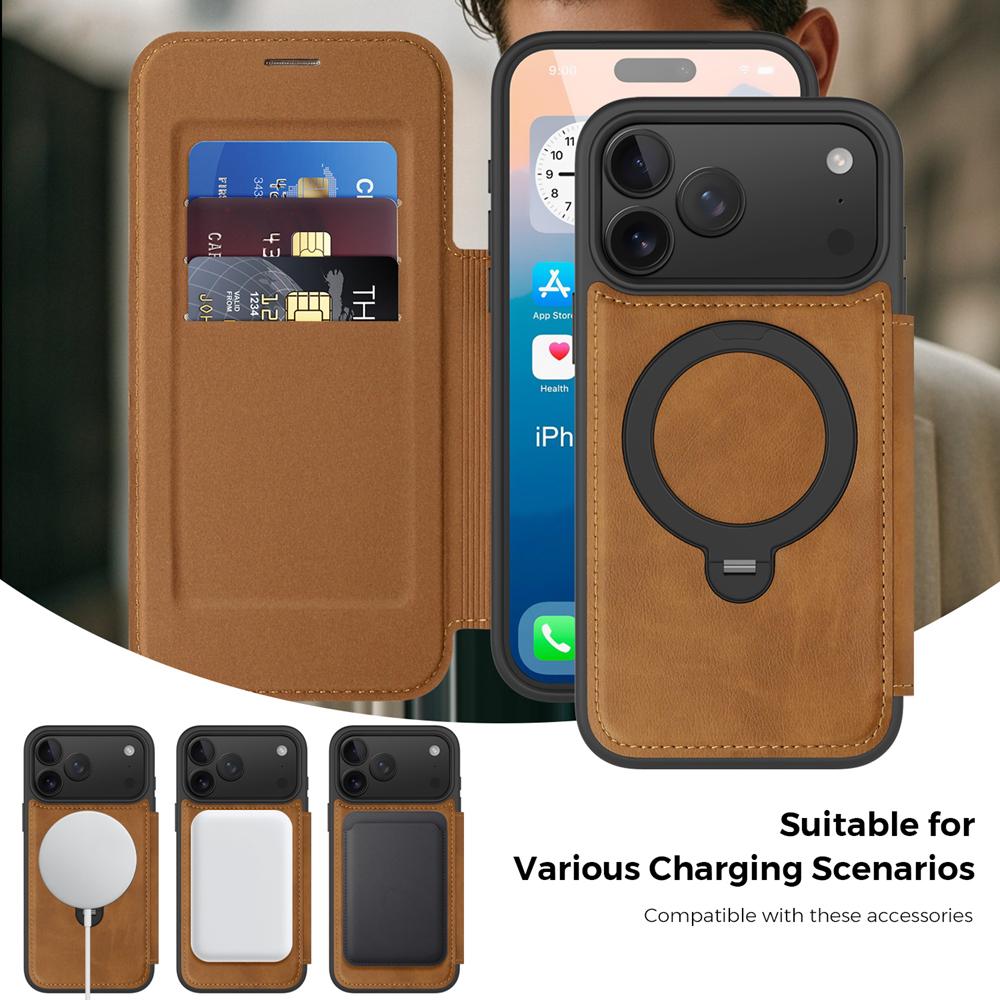 KEYSION Leather Flip Wallet Case for iPhone 15 16 17 Pro Max Air 16Plus 16e Cards Slots Magnetic 360 Ring Stand Phone Back Cover