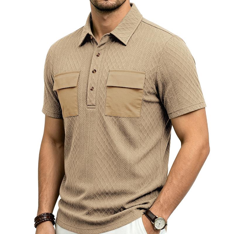 American Heavyweight Loose Textured Men Short Sleeve Color Block Workwear Casual Polo Shirt S