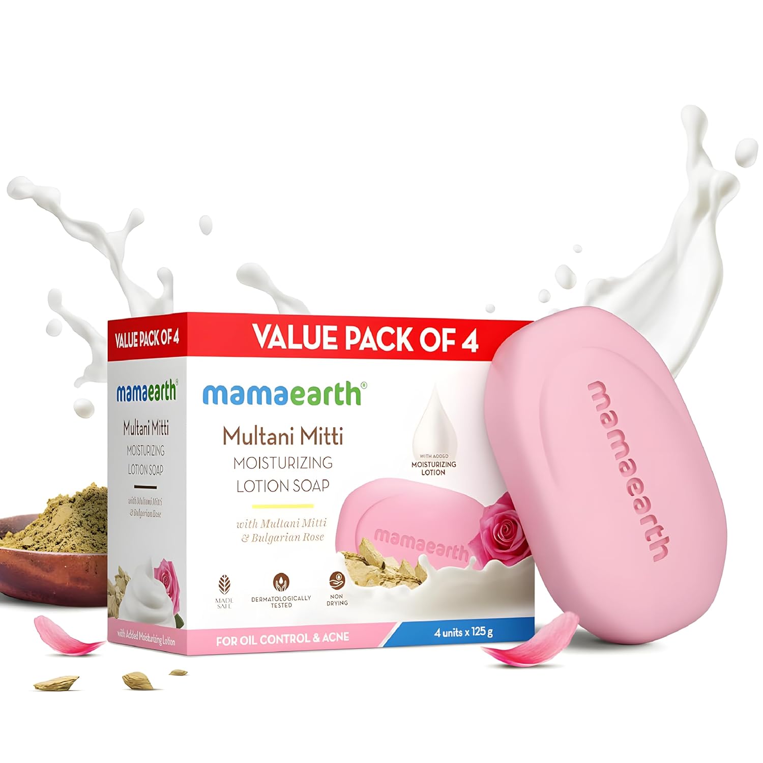 

Mamaearth Multani Mitti Moisturizing Lotion Soap 125gX4 Pack of 1 Deep Cleansing Moisturizer Rose