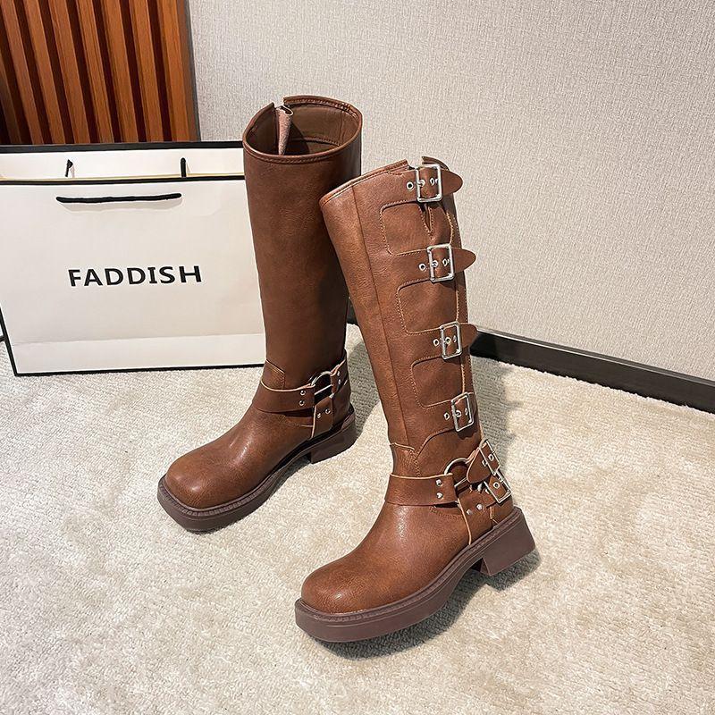 Rose Romantic Knight Boots Women's Chunky Heel Mid-Tube Western Cowboy Boots