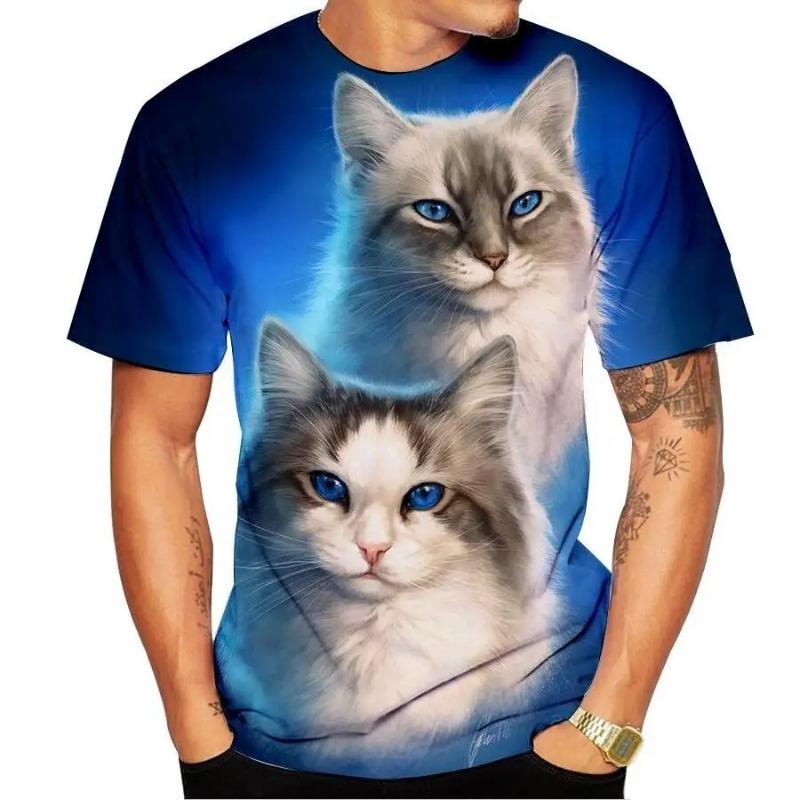 Cute Cat Pattern 3D Printed Adult Round Neck Fun Pet Unisex Short Sleeved T-shirt