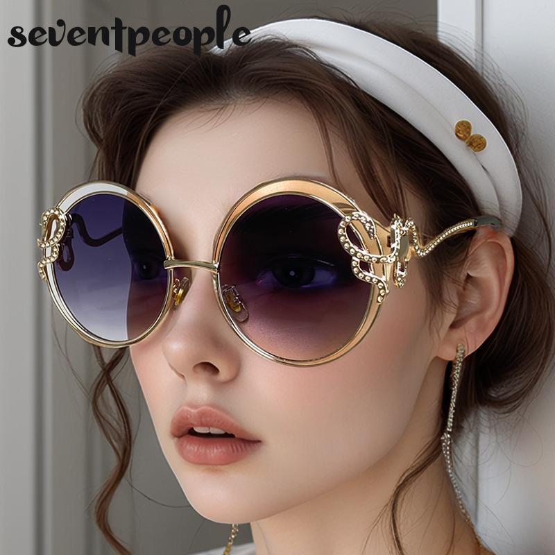 Oversized Round Sunglasses Women  Luxury Brand Fashionable Metal Snake Frame Eyewear For Ladies Vintage Sun Glass With UV400