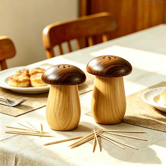 Wood Grain Mushroom Toothpick Box with Dust-proof Lid Vintage Toothpick Holder Dispenser Organizer Container for Home Office Restaurant