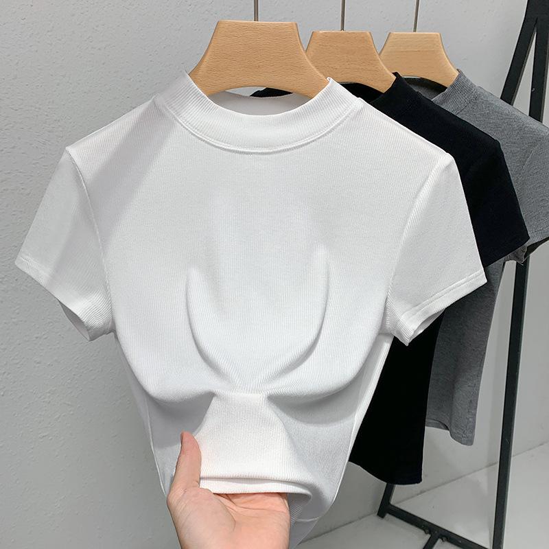 Dámská košile se stojáčkem Nové Šedé dámské tričko s krátkým rukávem Obepínající pas Elastické Přiléhavé