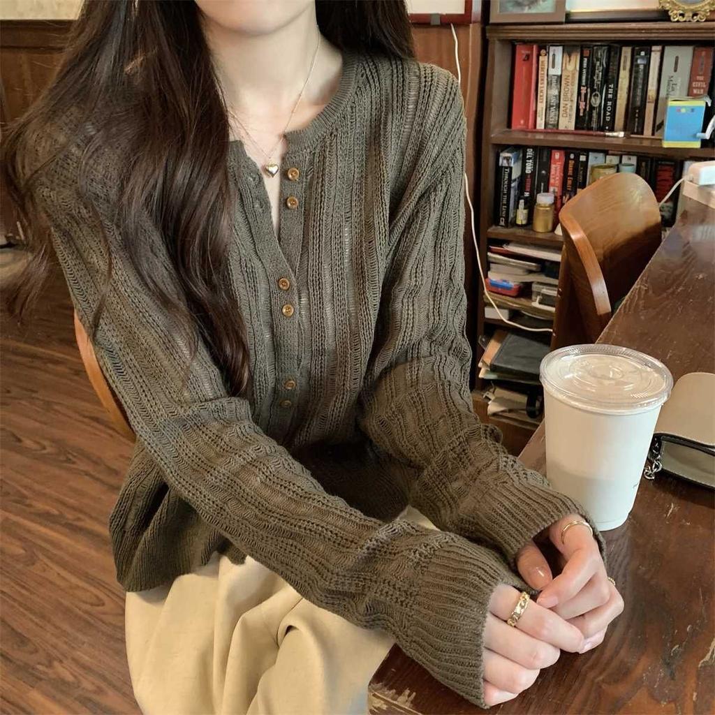 Hollowed-out Knitted Sweater for Women Long-sleeved Korean-style Knitted Cardigan Loose Knitted Sweater Top Sweater
