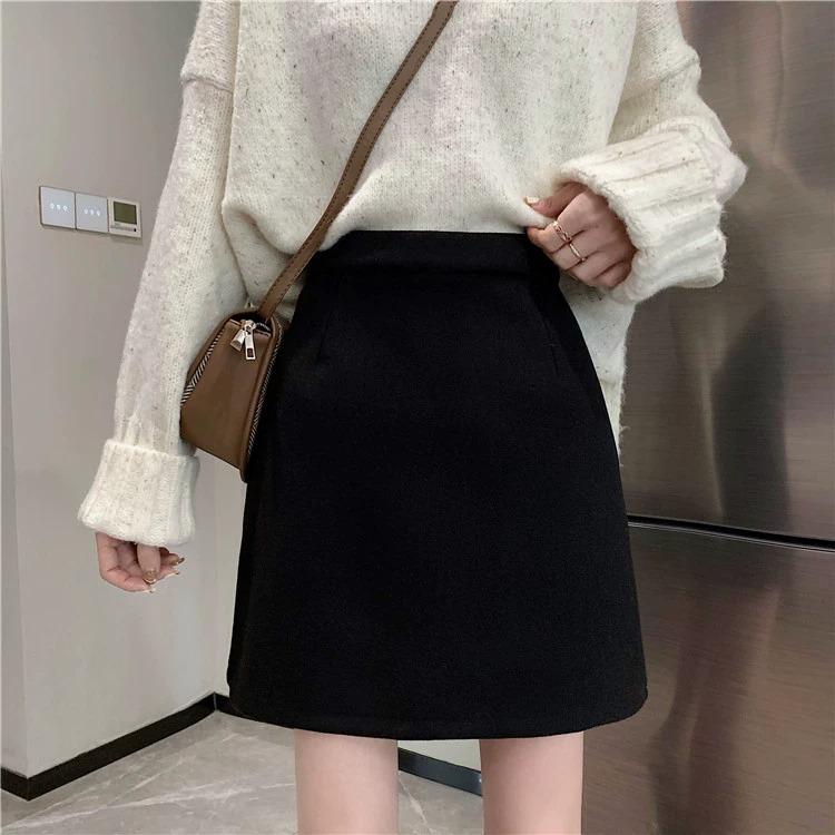Women's Black Wool Blend High Waist A-line Short Skirt - Autumn/Winter 2026 Collection, Plus Size, Petite, Slimming Fit