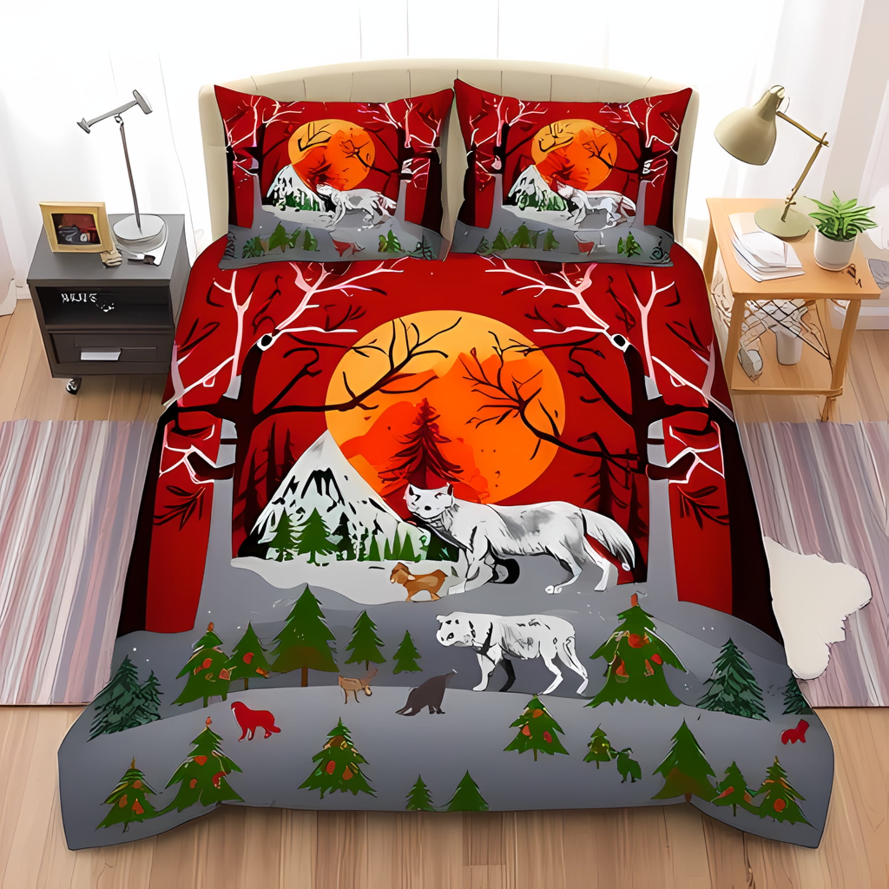 

Duvet Cover Set With Colorful Wolf Illustration Rainbow Gradient Background Whimsical Stars Suitable Children Kids And Adults EU Single(135*200cm)3pcs