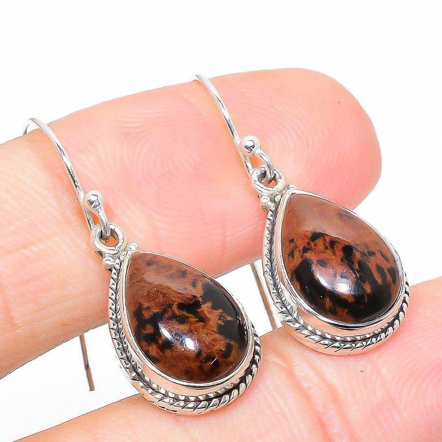 Natural Mahogany Obsidian Gemstone 925 Solid Sterling Silver Earring 1.25" P9B08