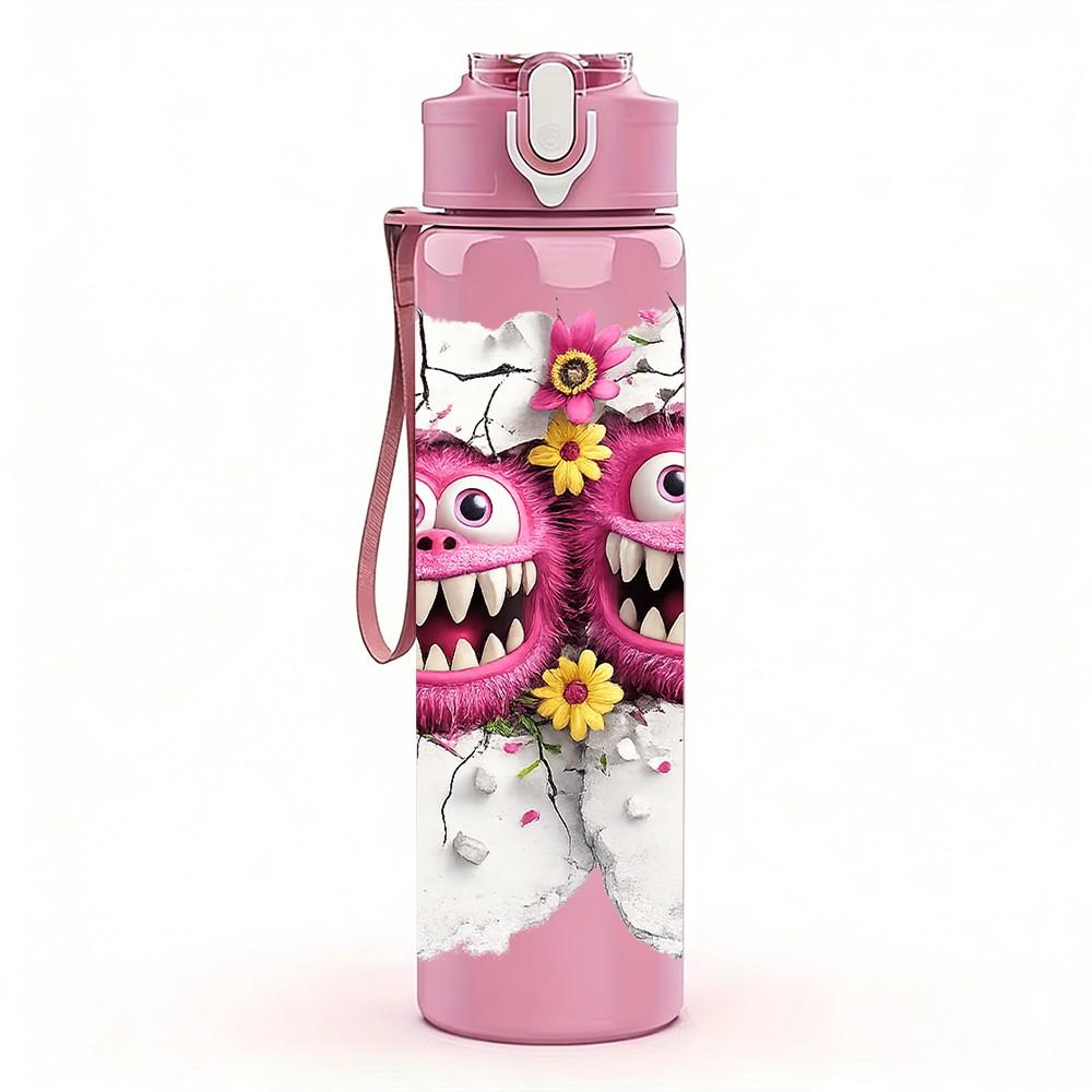 1PC Twin Monster Halloween Cartoon Print 750ml Color Plastic Sports Water Bottle Leakproof Flip Straw Lid Suitable for Sports Office Home Use
