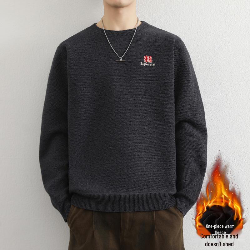 Men's Youth Velvet Thickened Wool Sweater - Embroidered, Warm, Trendy Round Neck Knitwear for Autumn and Winter