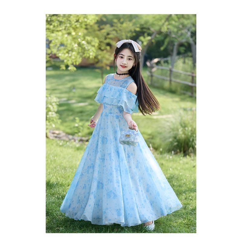 Girls Floral Print Princess Long Dress Kids Summer Casual Beach Dress