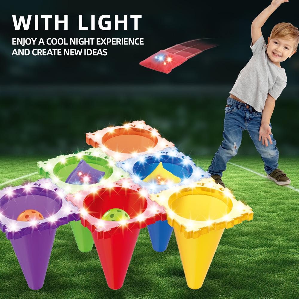 6-Color Glow in The Dark Cone Ring Toss Game, Parent-Child Interactive Light Up Throwing Toy, Kids Outdoor Play Set