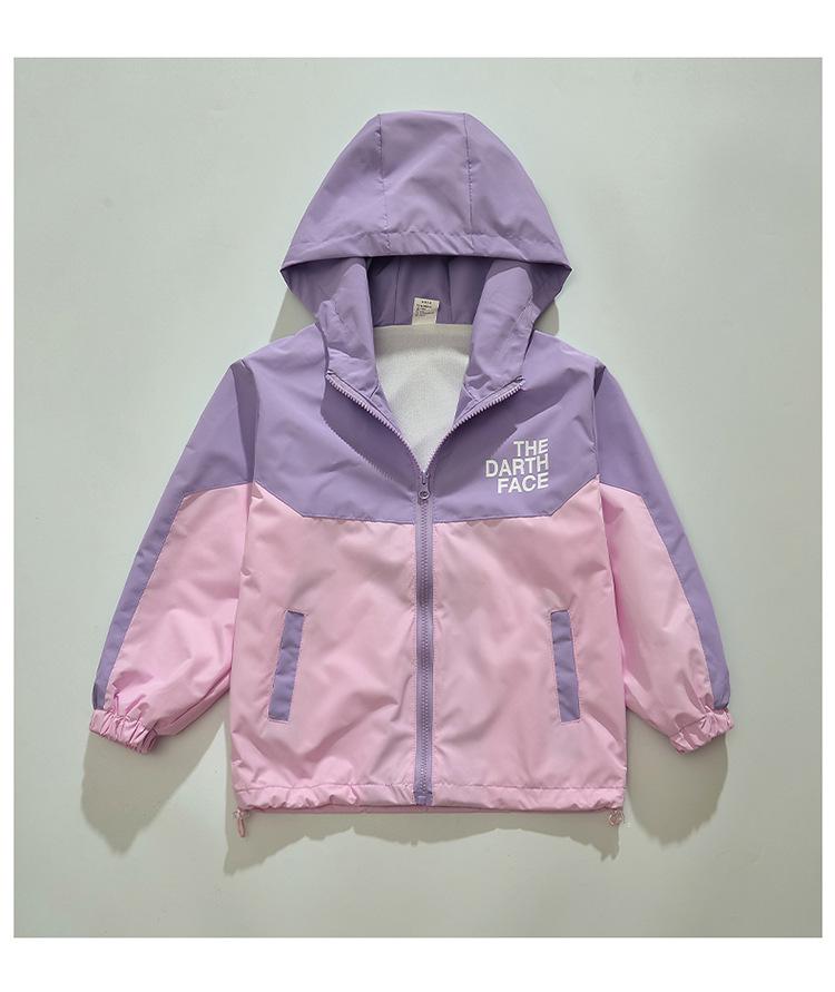 Girls' Spring and Autumn Color Block Windbreaker: Children's Fashionable Hooded Jacket