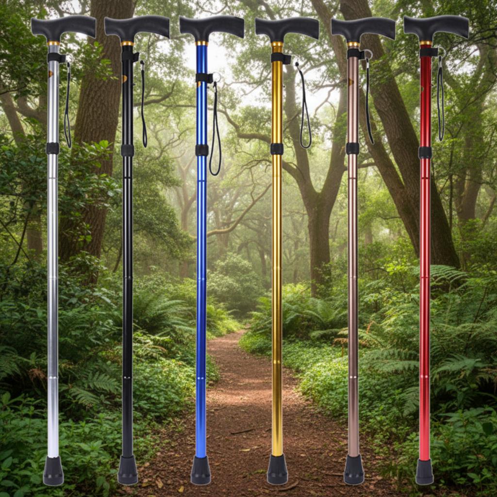 Elderly Trekking Pole Lightweight Foldable Aluminum Alloy Adjustable Length 4-Section Climbing Walking Hiking Travel Plastic