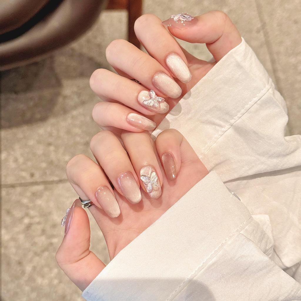 Yihe Ice Crystal Butterfly Wearable Nails - Gentle Translucent Cat Eye Blush Whitening Nails