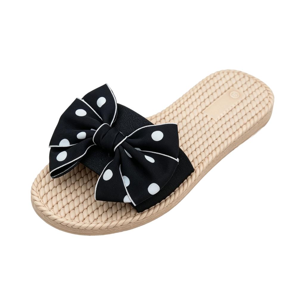 Womens Polka Dot Bow Espadrille Platform Slide Sandals Open Toe Flat Beach Shoes with Woven Sole