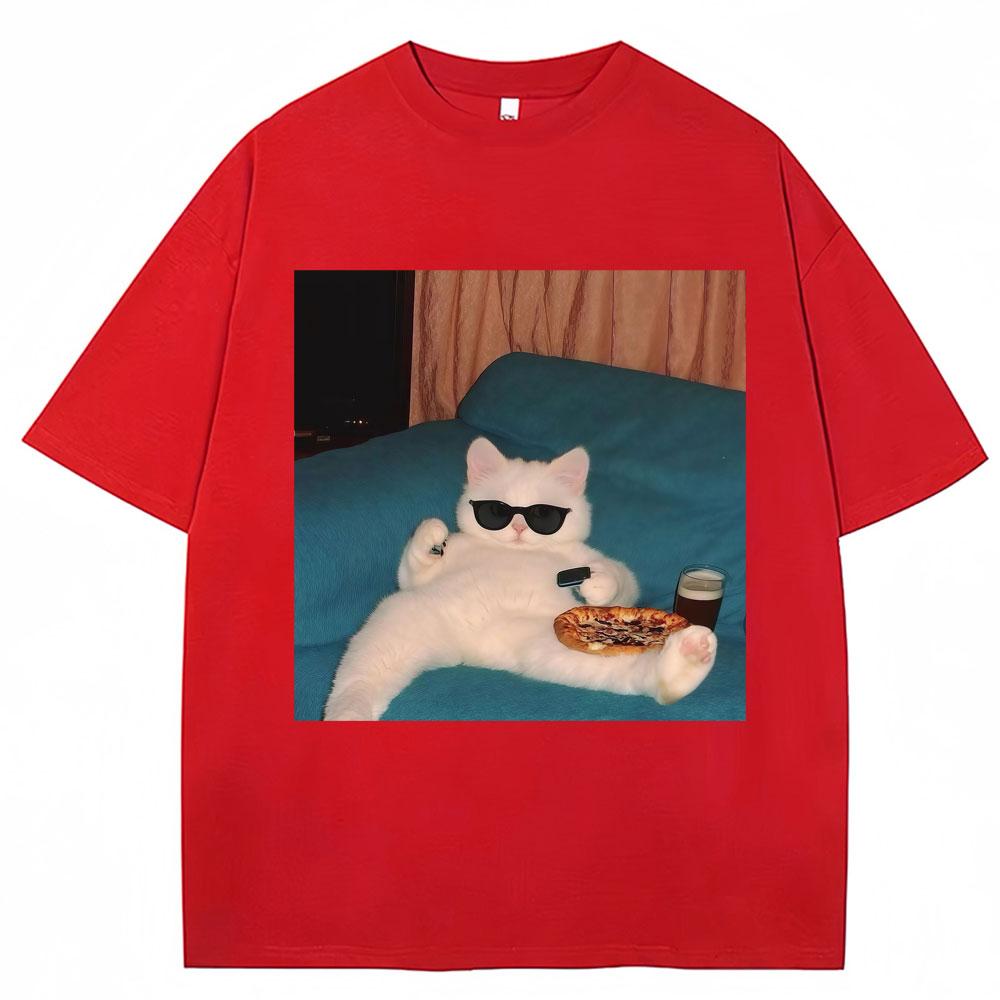 Funny Glasses Cat and Pizza T-shirt Women Creativity Fashion Kawaii T Shirts Casual Tees Cat Lovers Gifts Graphic T Shirts