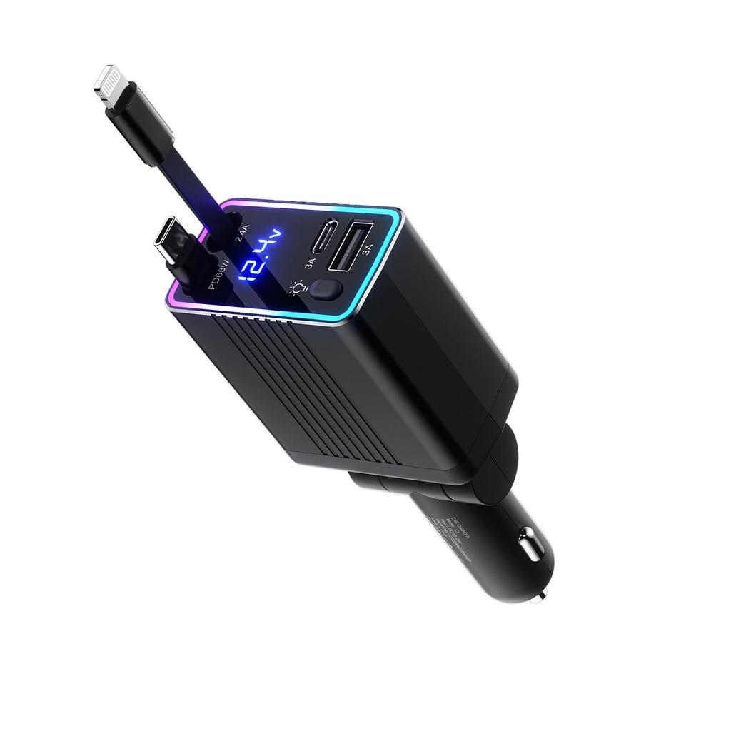 Gallium Nitride Car Charger with Dual Retractable Cables, 65W PD3.0, Fast Charging, Ambient Light, Digital Display, One-to-Four Ports.