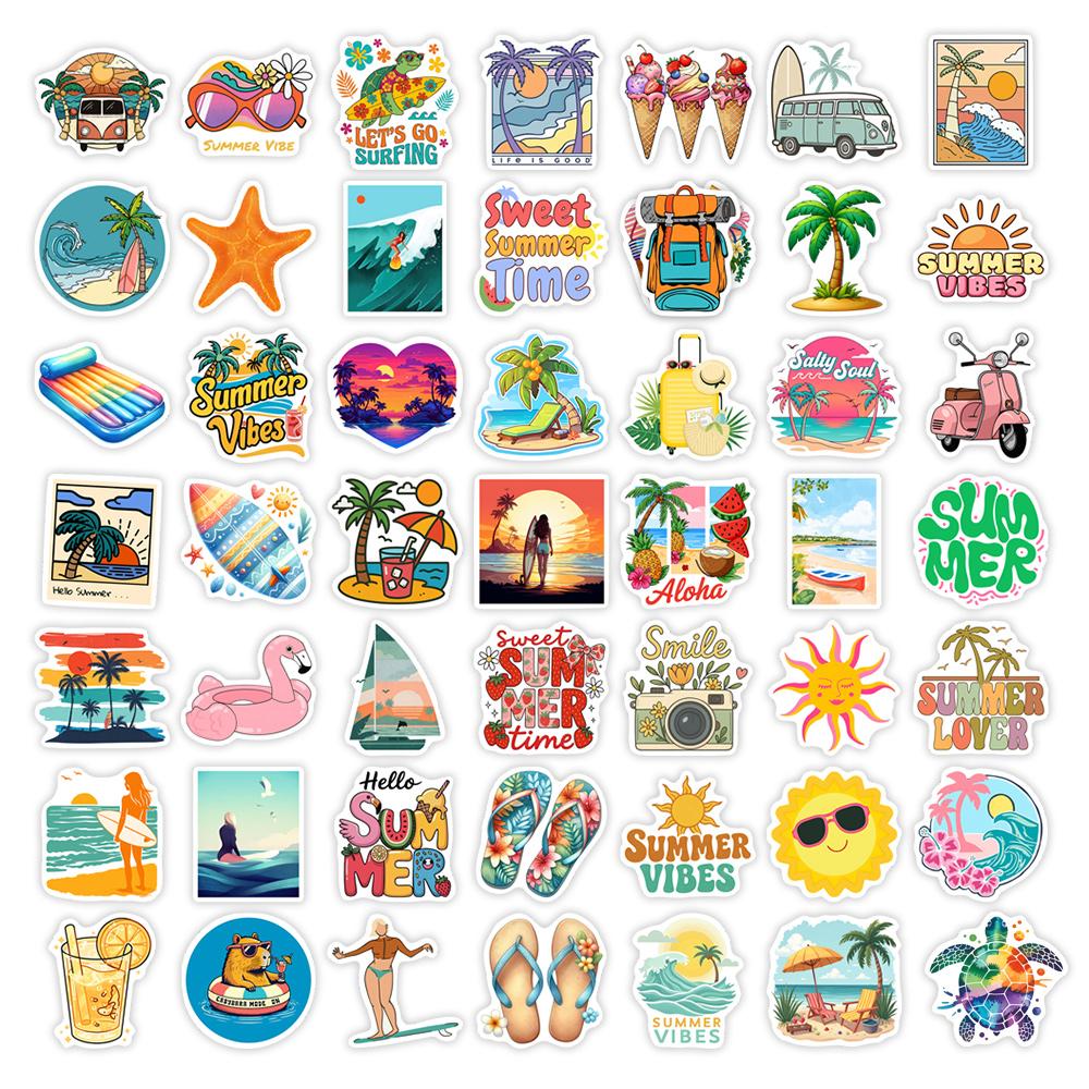 Summer Themed Stickers Cartoon DIY Vinyl Waterproof Decorative Decal Gift for Junk Journal Scrapbook Laptop Phone Bottle Luggage