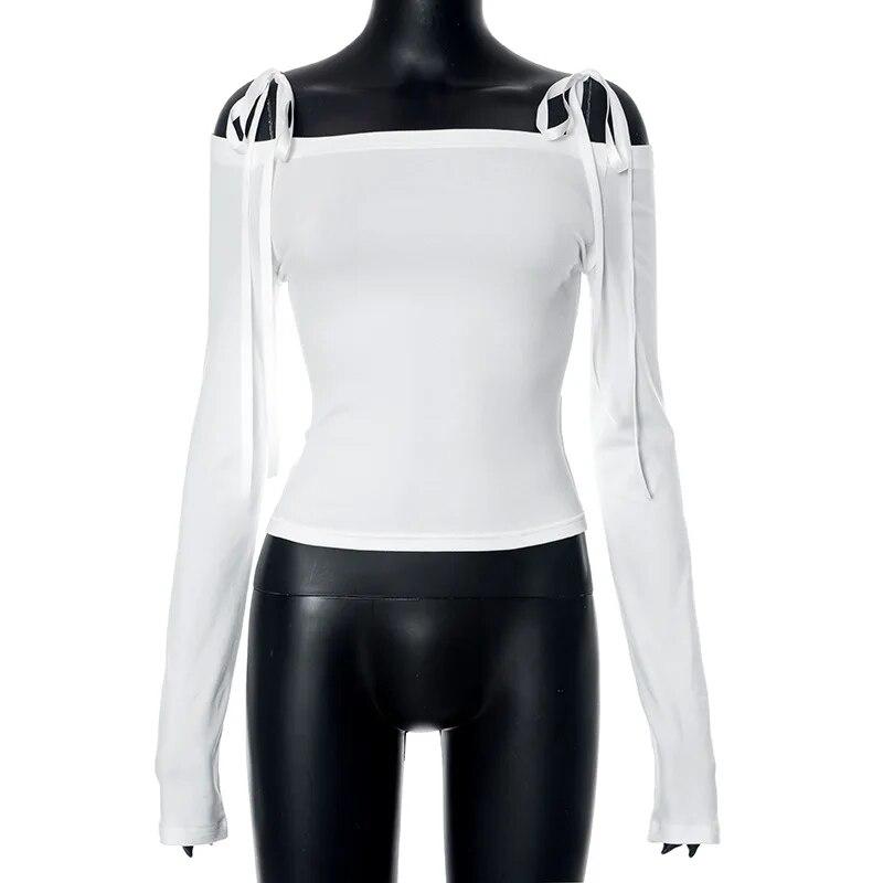 Off Shoulder Sexy Elegant Streetwear Tops Women Patchwork Bow Slim Vintage T-Shirt Female Lace Up Fashion Nightclub Y2K Clothes New