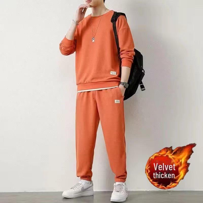 Men's Trendy Autumn/Winter Casual Sports Suit - Waffle Long-Sleeve Top and Versatile Pants Set