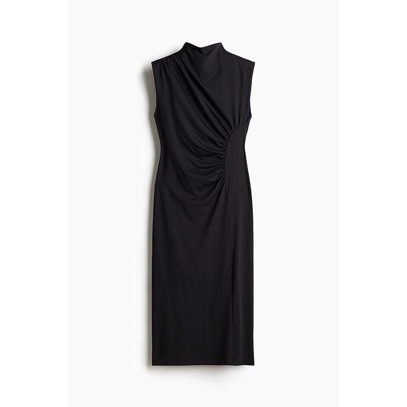 

HM Women s Clothing Dress 2025 Fall New round Neck Sleeveless Silm Slim Looking Draped Turtleneck Dress 1265321 Black 165/96(M)