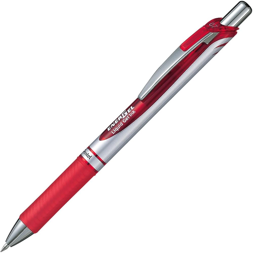 Pentel Gel Ink Ballpoint Pen, Knock Type, Energel, 0.7 mm, Silver Shaft, Red XBL77-B