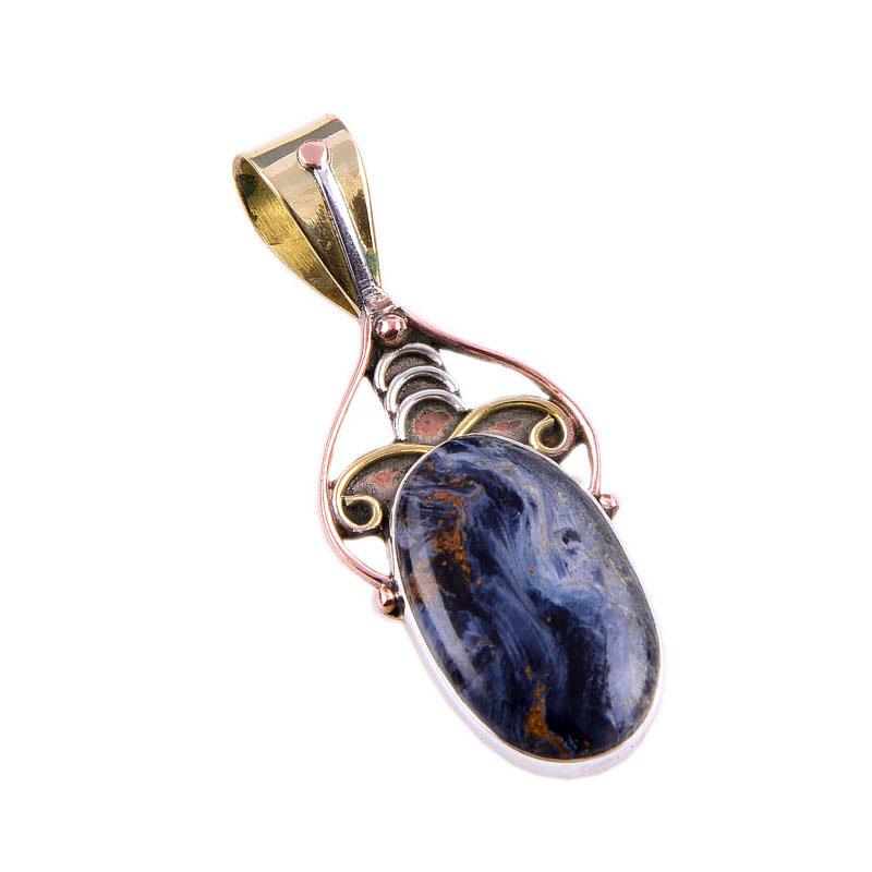 Natural Pietersite Gemstone 925 Solid Sterling Silver TwoTone Pendant 1.75" w7Q08