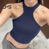 Women Running Vest O-Neck Sleeveless Short Tank Tops Solid Color Ribbed Elastic Fitting Quick Drying Racer Back Vest