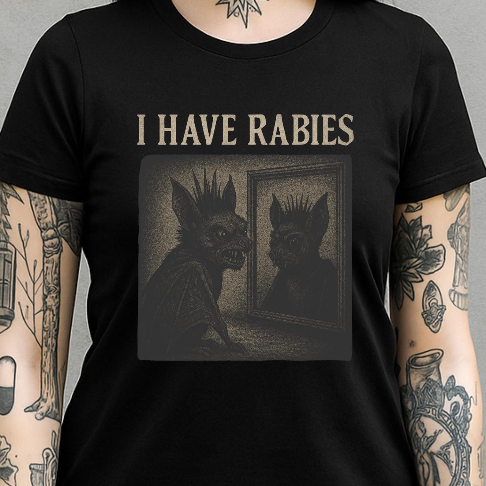 Stylish Gothic Bat Shirt – “I Have Rabies” Funny Dark Humor Vintage Punk Bat Illustration Tee. S
