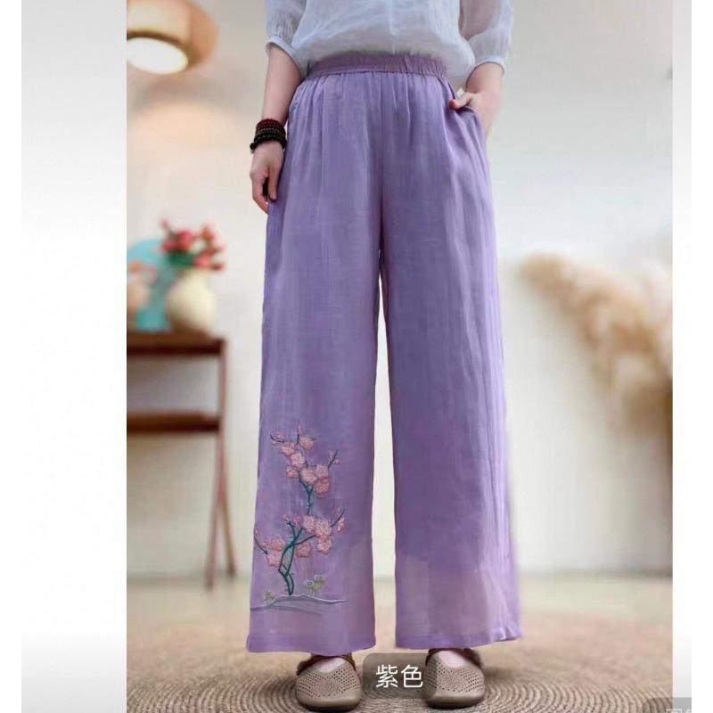 

Новые китайские брюки для женщин на лето, эластичная вышивка в этническом стиле, вышитые повседневные брюки, свободные широкие брюки в стиле ретро 6XL фиолетовый