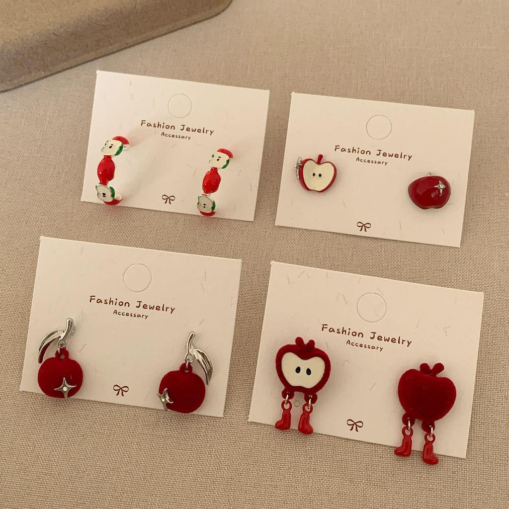 Náušnice kreslené červené jablko na jarní svátky - Stříbrná jehla Sladká zábava na Nový rok