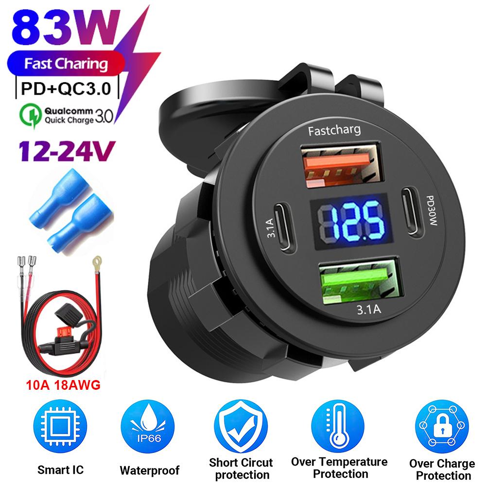 83W Max Phone Charger Socket 45W PD+QC3.0 Fast Charging 22.5W Dual USB+Type C Outlet 3 Ports Power Adapter Waterproof 12V-24V