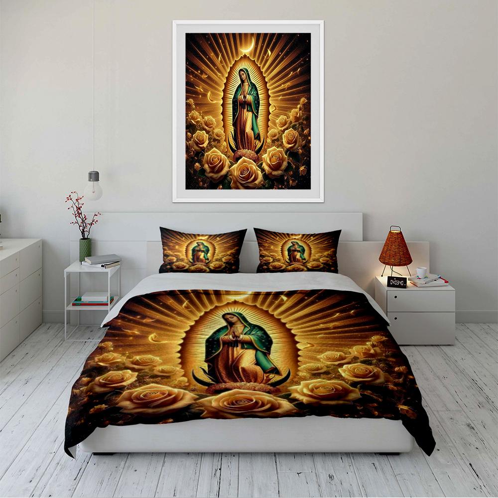 Virgin Mary and Golden Rose Bedding Set Bedding set (1 duvet cover, 2 pillowcases, duvet not included)