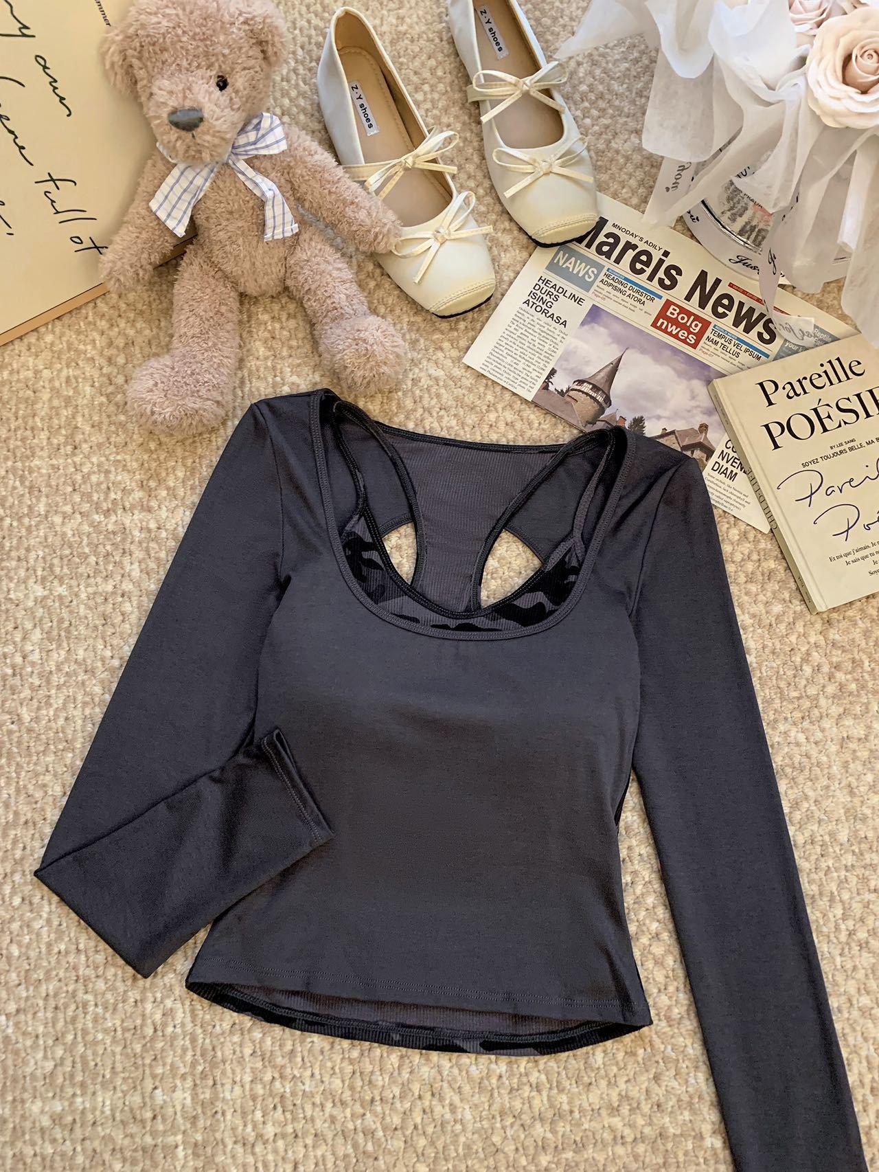 Leopard Print Camisole & Long-Sleeve T-Shirt Set for Fall/Winter One Size серый
