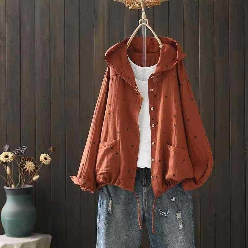 Cardigan con cappuccio e bottoni a pois stampati primaverili da donna