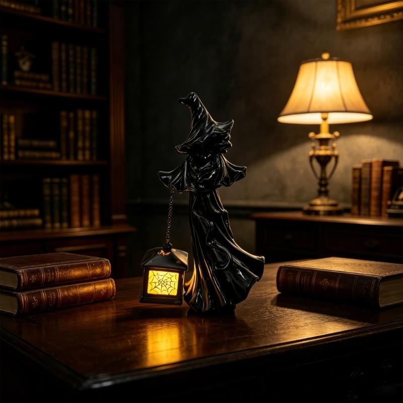 Witches Lamp Gothics Decors,Witches Table Lamp with LED Lantern,Unique Night Lights for Bedroom Desk Halloween Home Decors