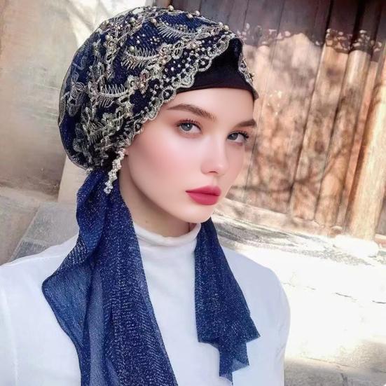 Krajkový strečový turban pro ženy, předvázaný šátek na hlavu