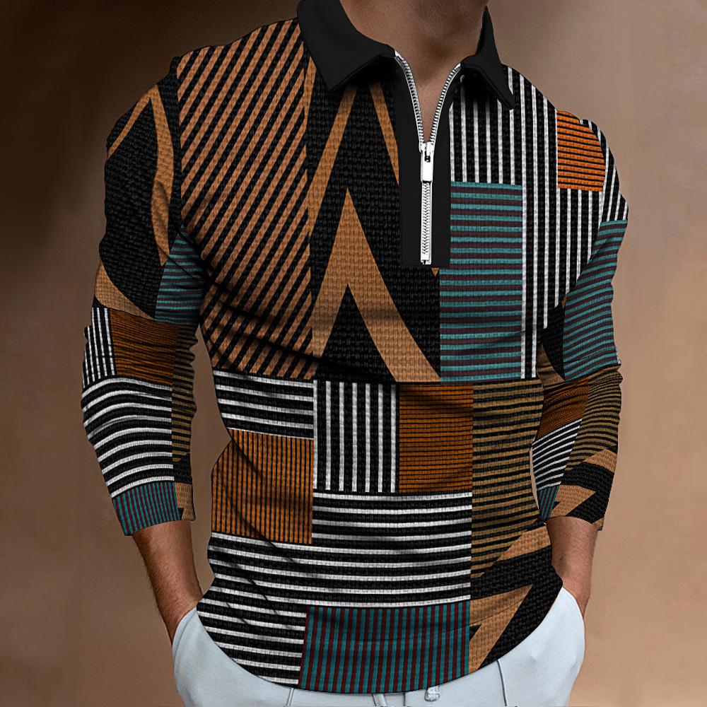 Men's Polo Shirt Autumn and Winter New Digital Printing T-shirt Casual Retro Long-sleeved Sweatshirt