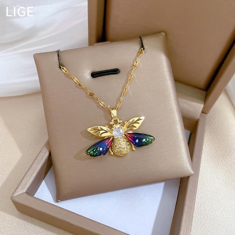 Colorful Bee Zircon Light Luxury Temperament Gorgeous Full Diamond Necklace Female Versatile Collarbone Chain Titanium Steel Chain