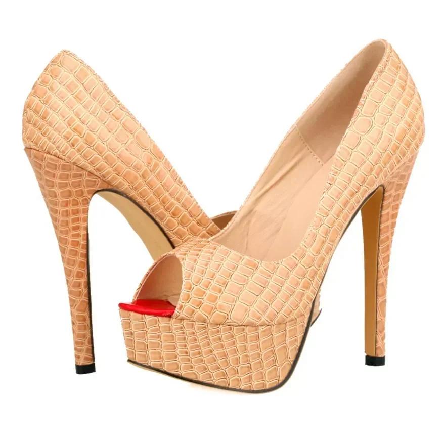 Women Sandals Pumps 14cm Sexy Peep Toe Platform High Heels Crocodile Pattern Shallow Party Stilettos Female Red Wedding Shoes