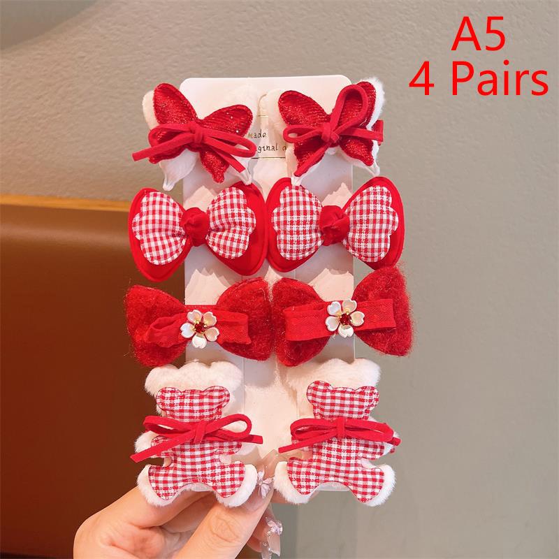 

4 Pairs/Set Year Red Color Hair Clips Set Girls Sweet Bow Flowers Fabric Hairpin Cute Barrettes Lucky Hair Accessories Gifts