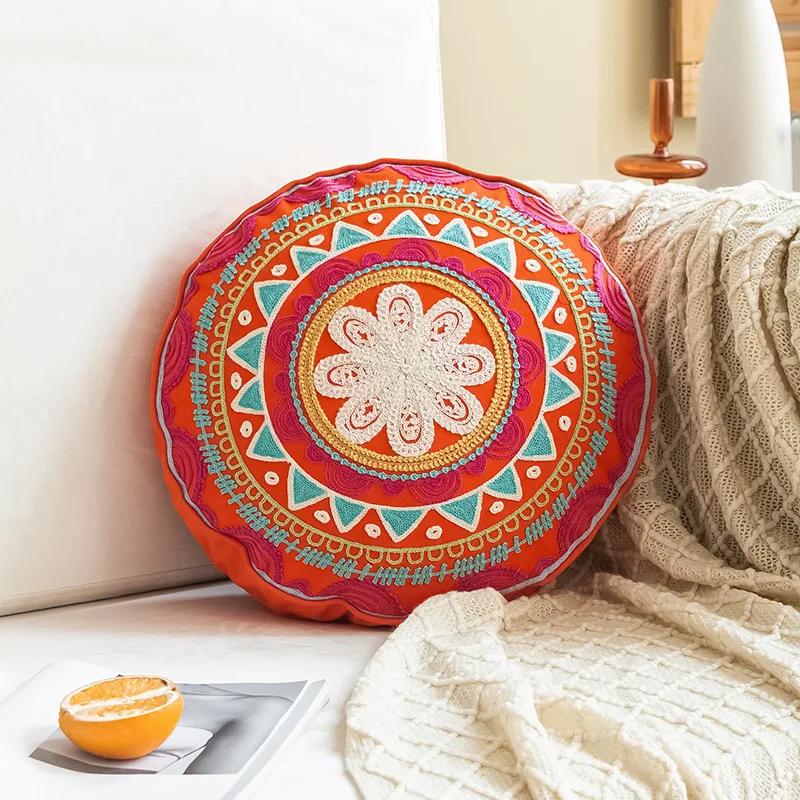 Moroccan Ethnic 45cm Round Cushion Cover Mandala Floral Embroidery Home Decor Living Room Throw Pillow Case Ball Decorative