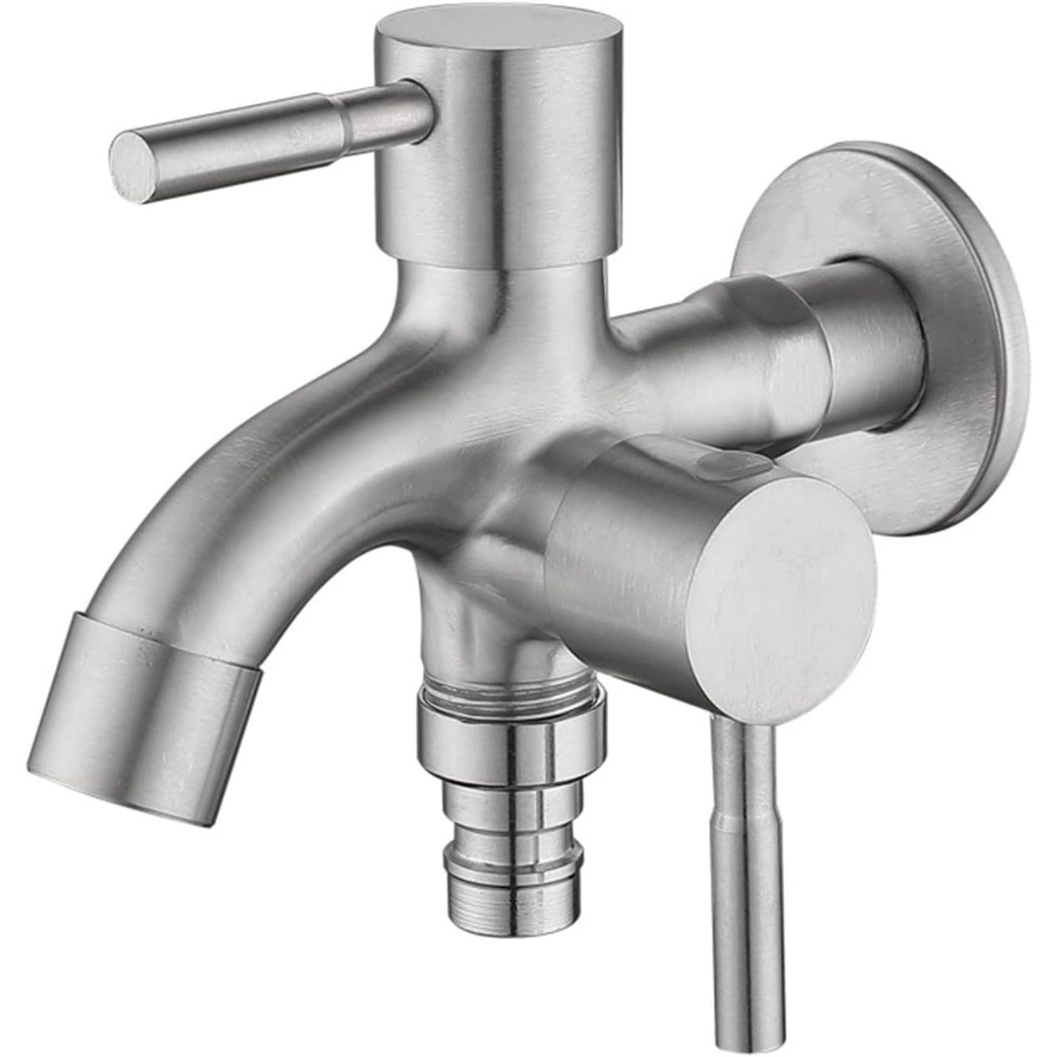Outside Faucet Washing Machine Faucet Double one in Two Out Stainless Steel Washing Machine Faucet Double use Wall Mounted Balcony mop Sink Faucet 1-Pack