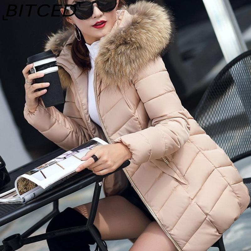 BITCED Winter Coat for Women - Mid-Length Slim-Fit Cotton Jacket with Large Fur Collar and Down-Filled Quilted Design