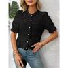 Womens Lace Crochet Short Sleeve Blouse With Round Neck Button Down Casual Hollow Out Top