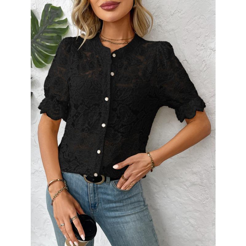 Womens Lace Crochet Short Sleeve Blouse With Round Neck Button Down Casual Hollow Out Top