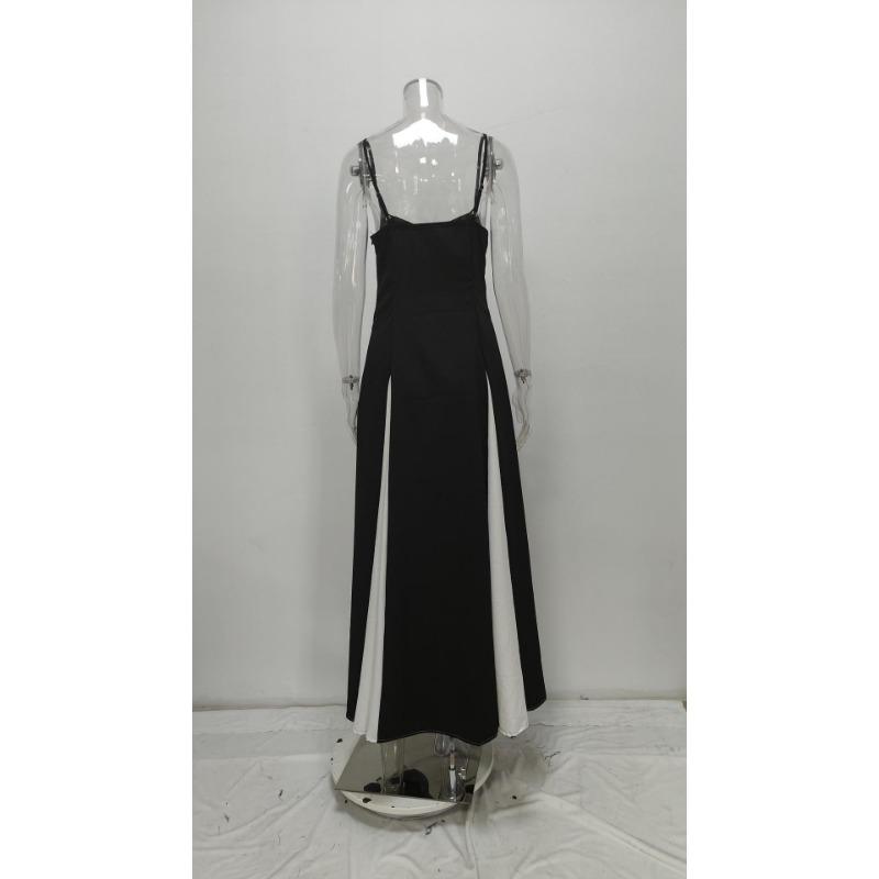 Frühlings-Color-Block-Maxikleid mit Spaghettiträgern, V-Ausschnitt, Hohe Taille, Fließender Saum mit Großer Weite, Langes Kleid, Elegantes Schmal geschnittenes Urlaubs-Abendparty-Sonnenkleid