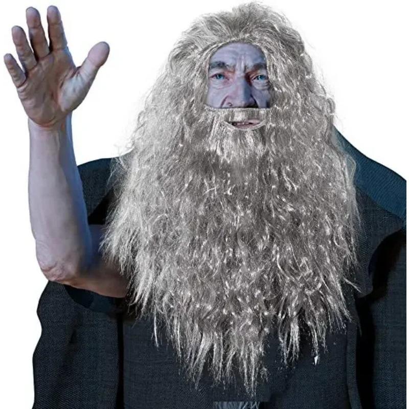 Christmas Cosplay Hobbit Gandalf Cosplay Wig and Beard Set Headpiece for Lord of the Rings Fans Party and Holiday DIY Decoration